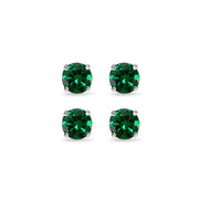 2 Pair Set Sterling Silver 6mm Simulated Emerald Round Stud Earrings
