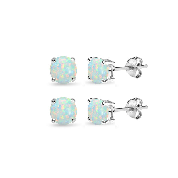 2 Pair Set Sterling Silver 6mm Created White Opal Round Stud Earrings