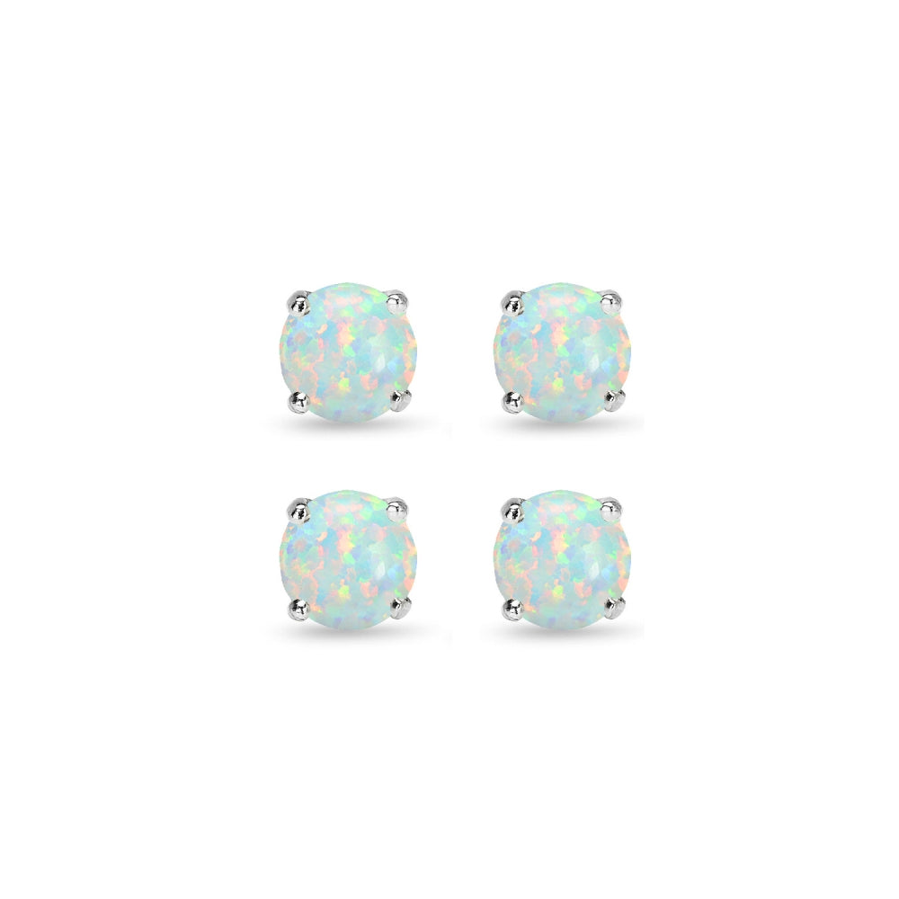 2 Pair Set Sterling Silver 6mm Created White Opal Round Stud Earrings-2