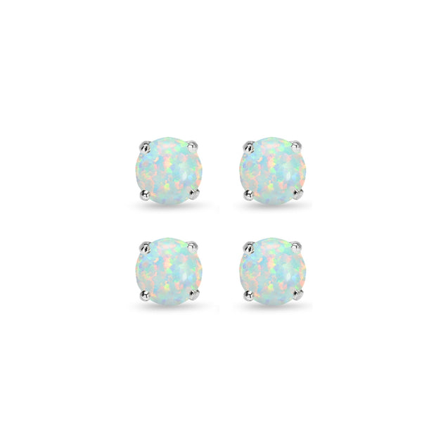2 Pair Set Sterling Silver 6mm Created White Opal Round Stud Earrings