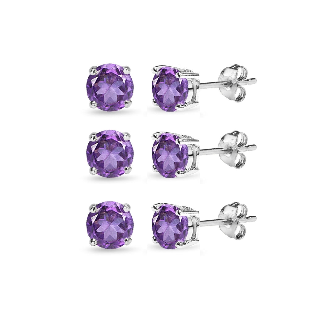 3 Pair Set Sterling Silver 6mm African Amethyst Round Stud Earrings