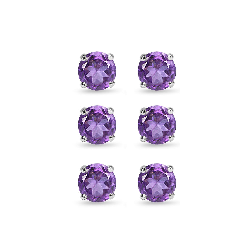 3 Pair Set Sterling Silver 6mm African Amethyst Round Stud Earrings-2