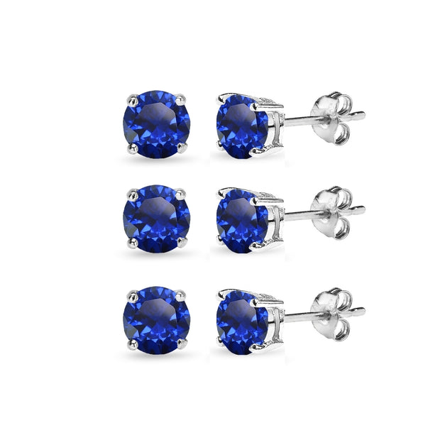 3 Pair Set Sterling Silver 6mm Created Blue Sapphire Round Stud Earrings