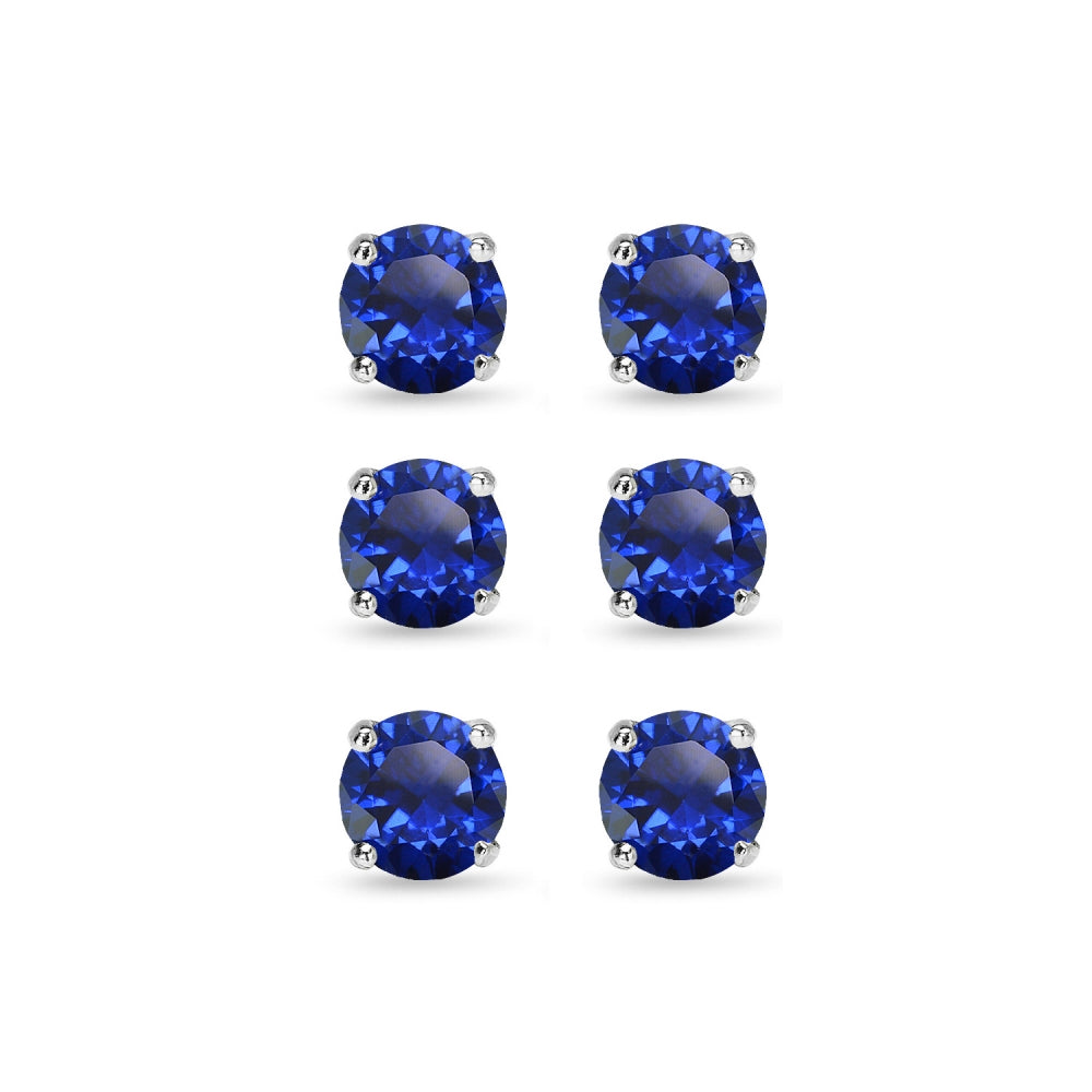 3 Pair Set Sterling Silver 6mm Created Blue Sapphire Round Stud Earrings-2
