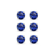 3 Pair Set Sterling Silver 6mm Created Blue Sapphire Round Stud Earrings