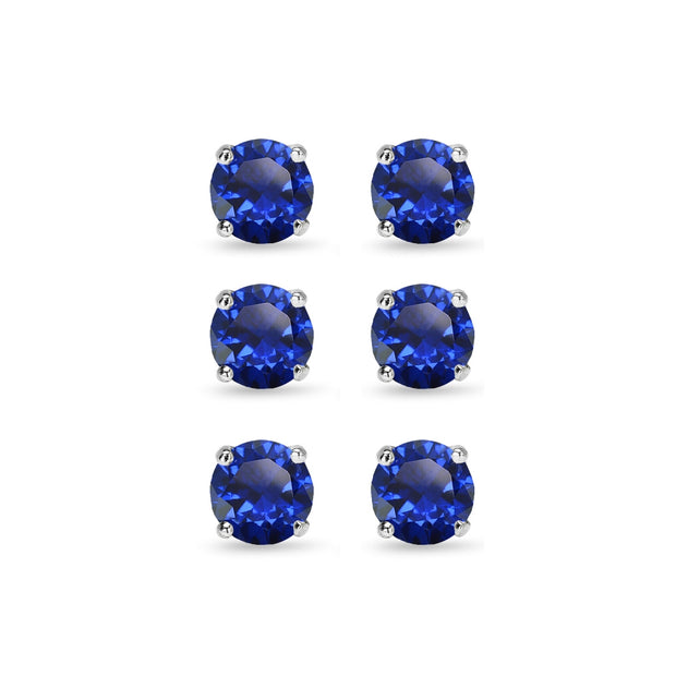 3 Pair Set Sterling Silver 6mm Created Blue Sapphire Round Stud Earrings