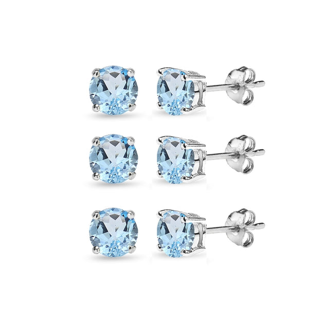 3 Pair Set Sterling Silver 6mm Blue Topaz Round Stud Earrings