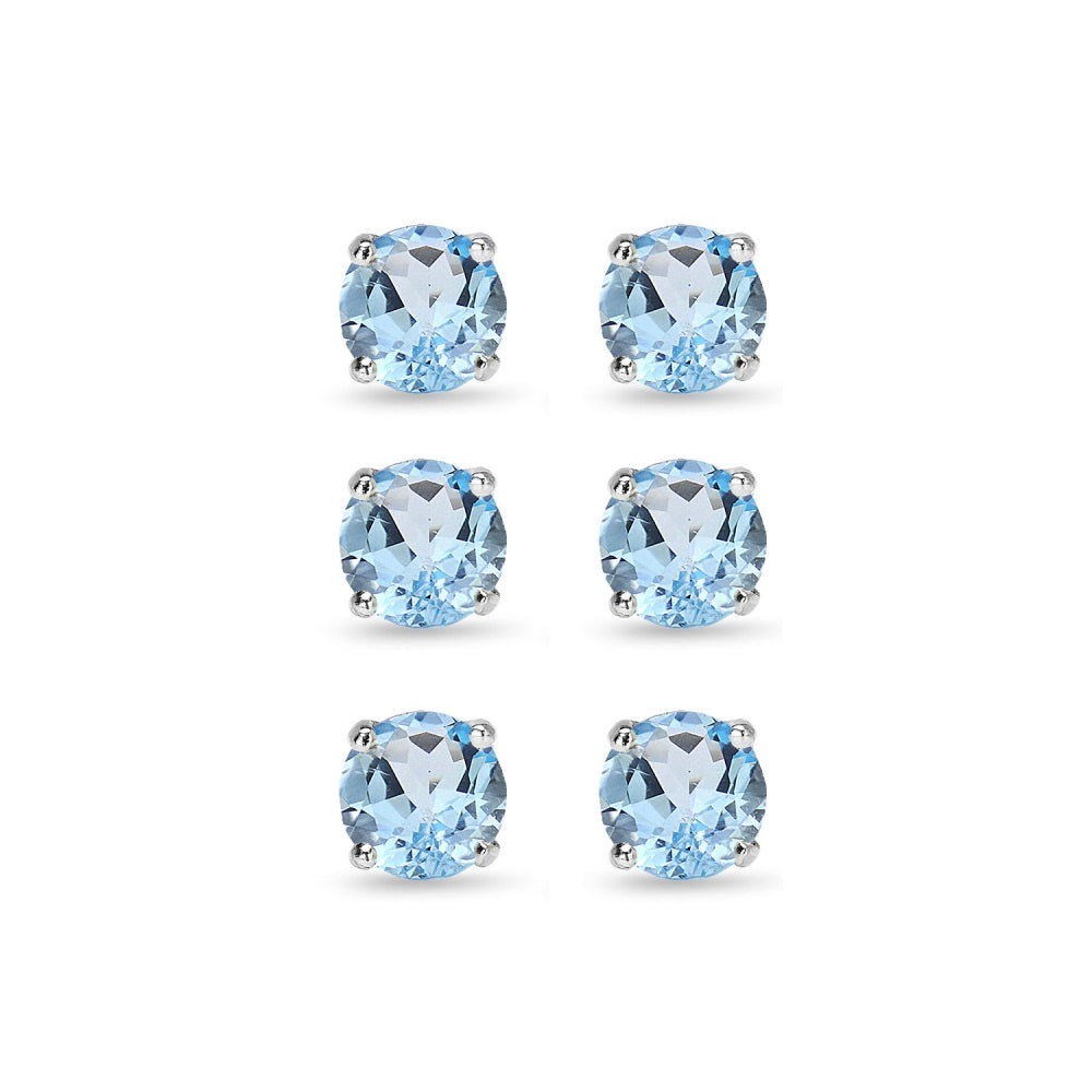 3 Pair Set Sterling Silver 6mm Blue Topaz Round Stud Earrings-2