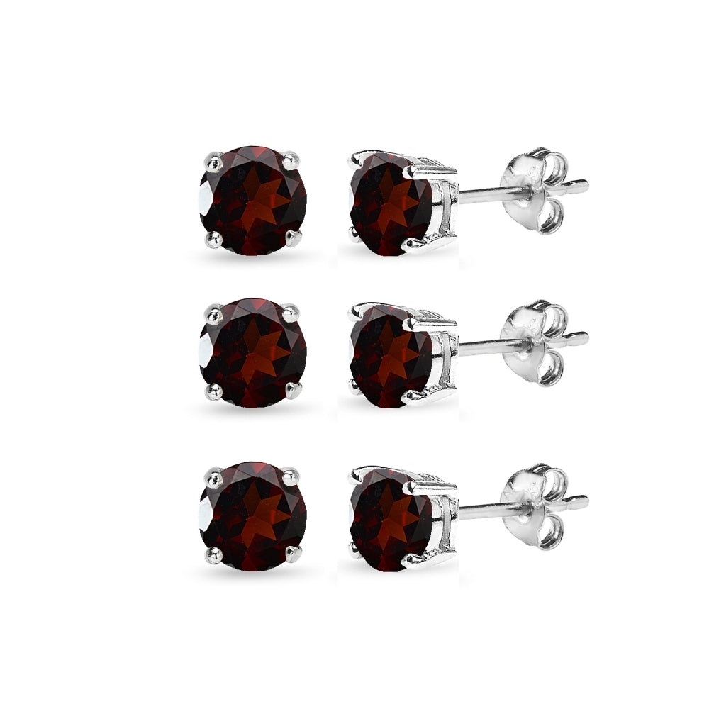 3 Pair Set Sterling Silver 6mm Garnet Round Stud Earrings