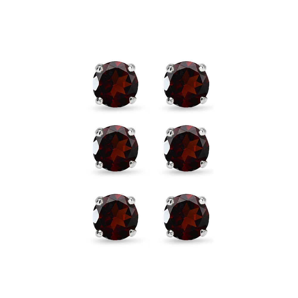 3 Pair Set Sterling Silver 6mm Garnet Round Stud Earrings-2