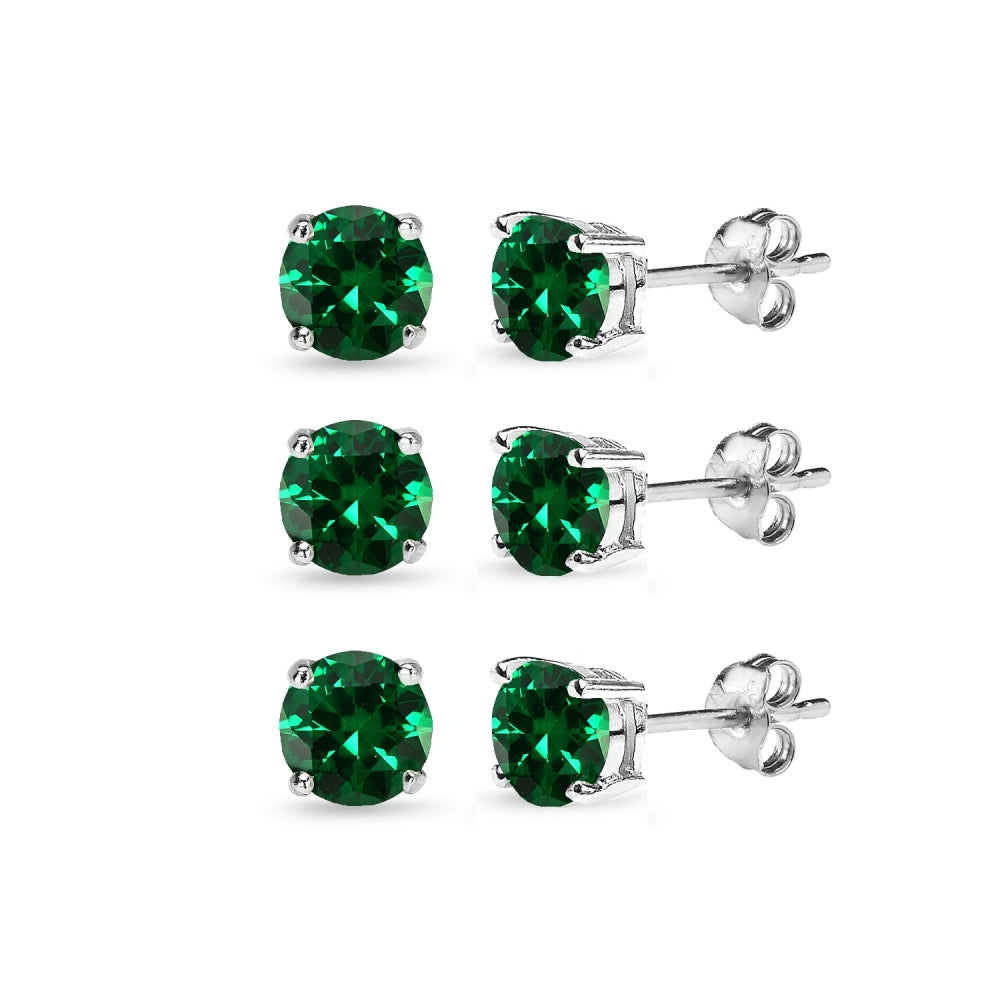 3 Pair Set Sterling Silver 6mm Simulated Emerald Round Stud Earrings