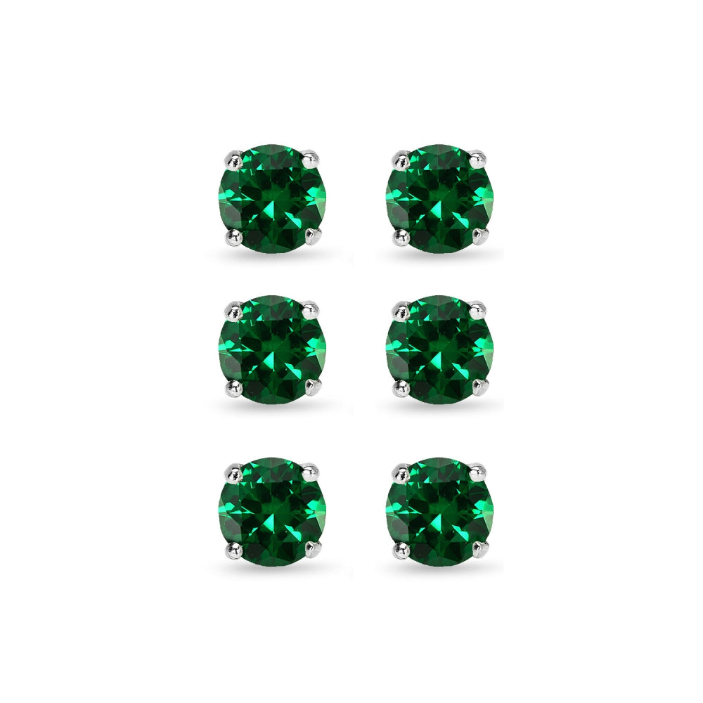 3 Pair Set Sterling Silver 6mm Simulated Emerald Round Stud Earrings-2