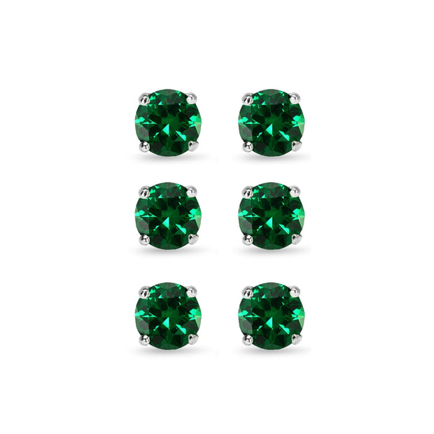 3 Pair Set Sterling Silver 6mm Simulated Emerald Round Stud Earrings
