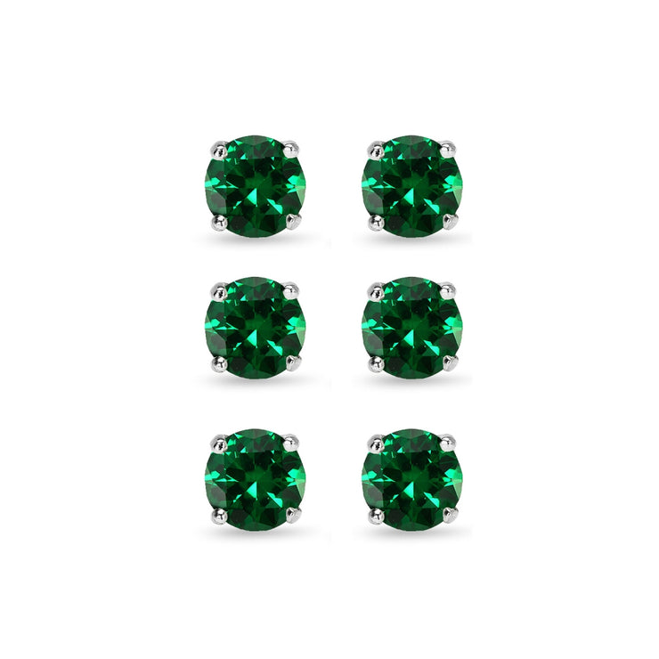 3 Pair Set Sterling Silver 6mm Simulated Emerald Round Stud Earrings