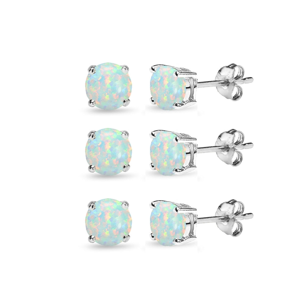 3 Pair Set Sterling Silver 6mm Created White Opal Round Stud Earrings