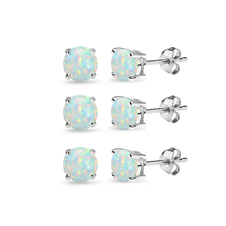 3 Pair Set Sterling Silver 6mm Created White Opal Round Stud Earrings