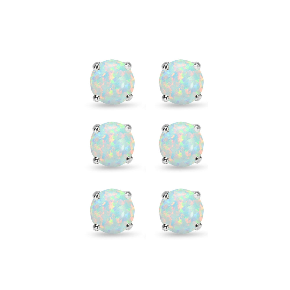 3 Pair Set Sterling Silver 6mm Created White Opal Round Stud Earrings-2