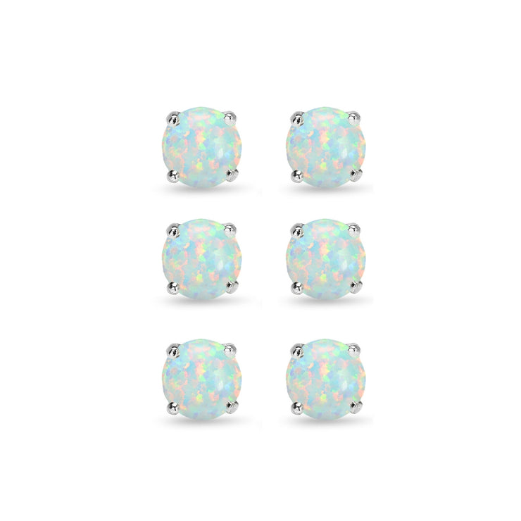 3 Pair Set Sterling Silver 6mm Created White Opal Round Stud Earrings