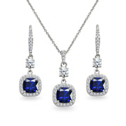Sterling Silver Created Blue Sapphire Cushion-Cut Halo Dangle Leverback Earrings & Pendant Necklace Set