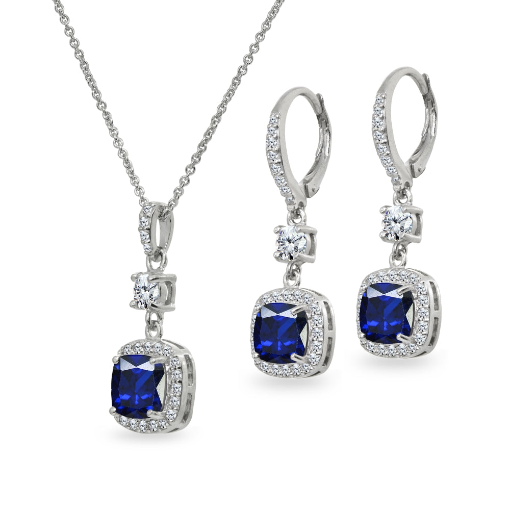 Sterling Silver Created Blue Sapphire Cushion-Cut Halo Dangle Leverback Earrings & Pendant Necklace Set-2