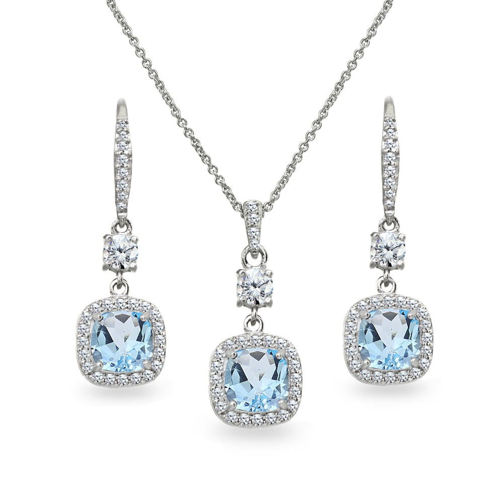 Sterling Silver Blue Topaz Cushion-Cut Halo Dangle Leverback Earrings & Pendant Necklace Set