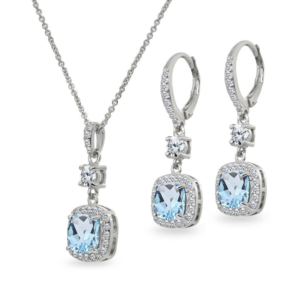 Sterling Silver Blue Topaz Cushion-Cut Halo Dangle Leverback Earrings & Pendant Necklace Set-2
