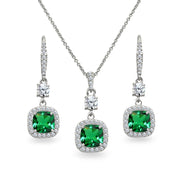 Sterling Silver Simulated Emerald Cushion-Cut Halo Dangle Leverback Earrings & Pendant Necklace Set