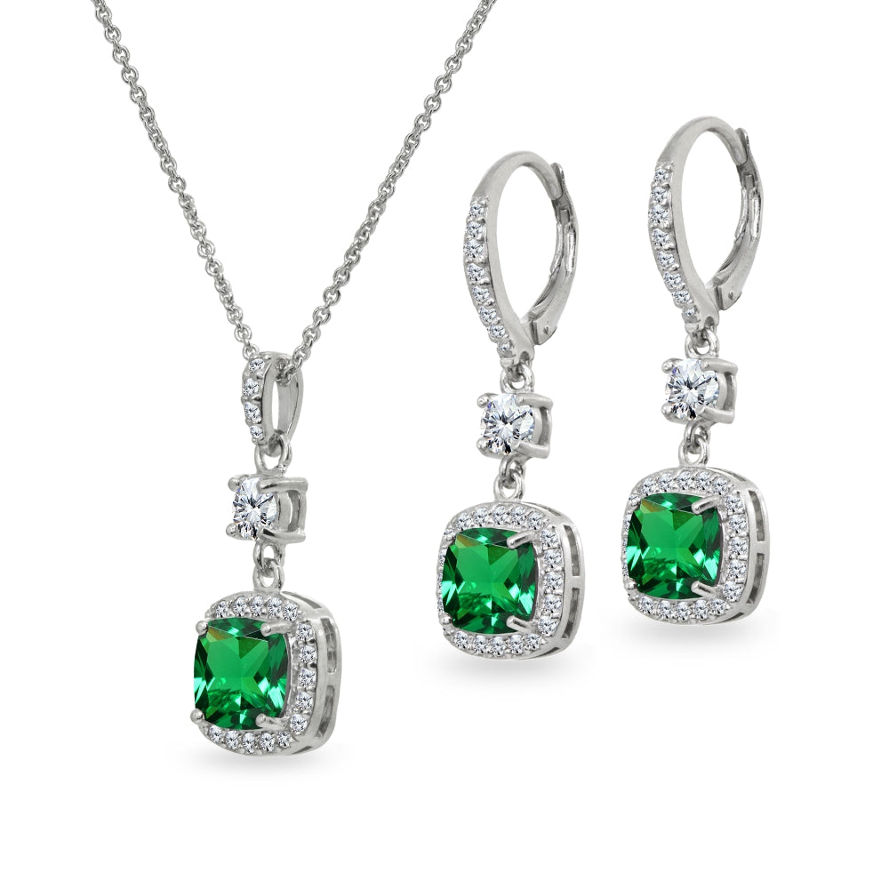 Sterling Silver Simulated Emerald Cushion-Cut Halo Dangle Leverback Earrings & Pendant Necklace Set-2