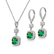Sterling Silver Simulated Emerald Cushion-Cut Halo Dangle Leverback Earrings & Pendant Necklace Set