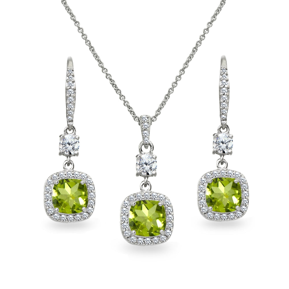 Sterling Silver Peridot Cushion-Cut Halo Dangle Leverback Earrings & Pendant Necklace Set
