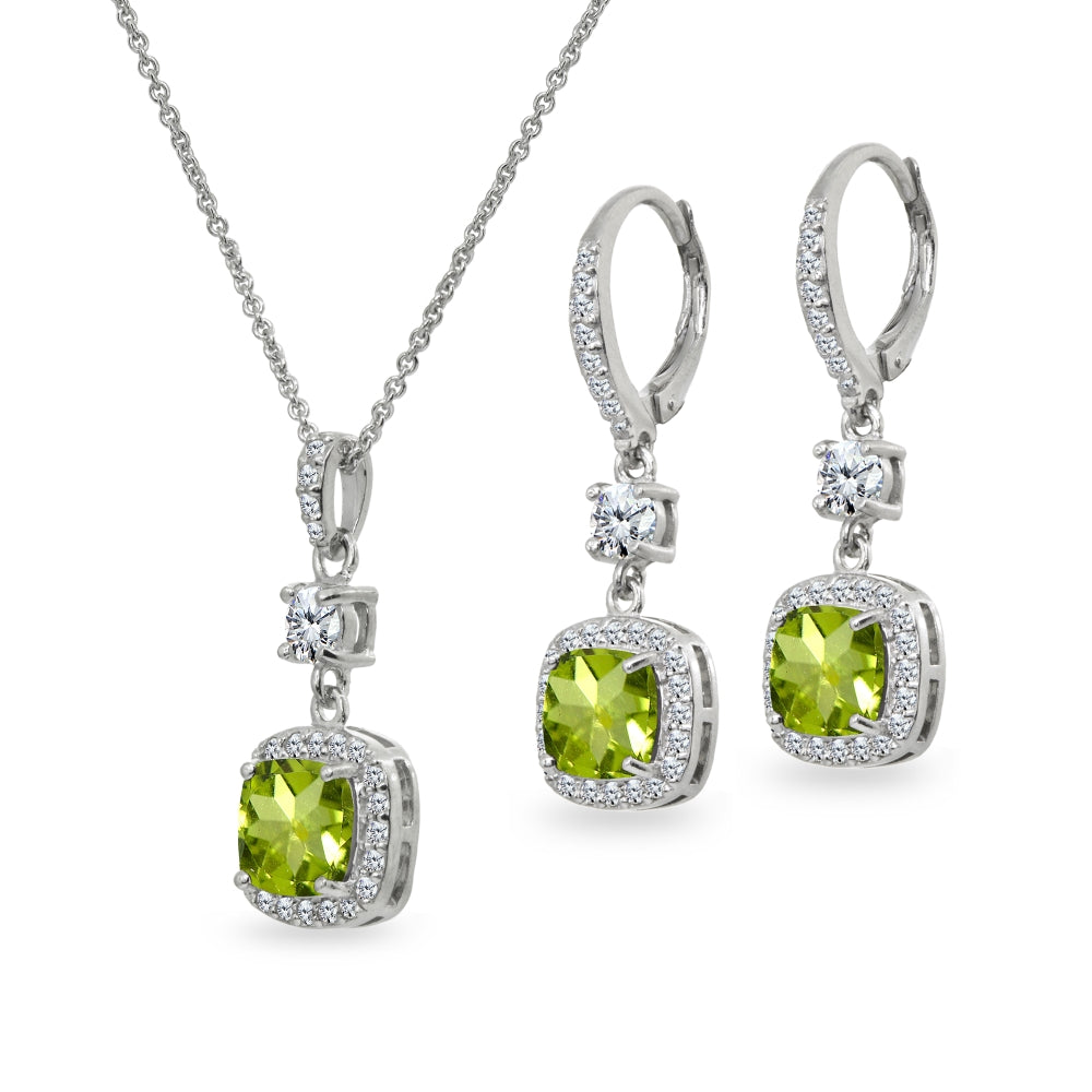 Sterling Silver Peridot Cushion-Cut Halo Dangle Leverback Earrings & Pendant Necklace Set-2