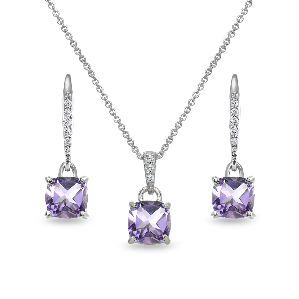 Sterling Silver Amethyst Cushion-Cut Solitaire Dangle Leverback Earrings & Pendant Necklace Set