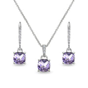 Sterling Silver Amethyst Cushion-Cut Solitaire Dangle Leverback Earrings & Pendant Necklace Set