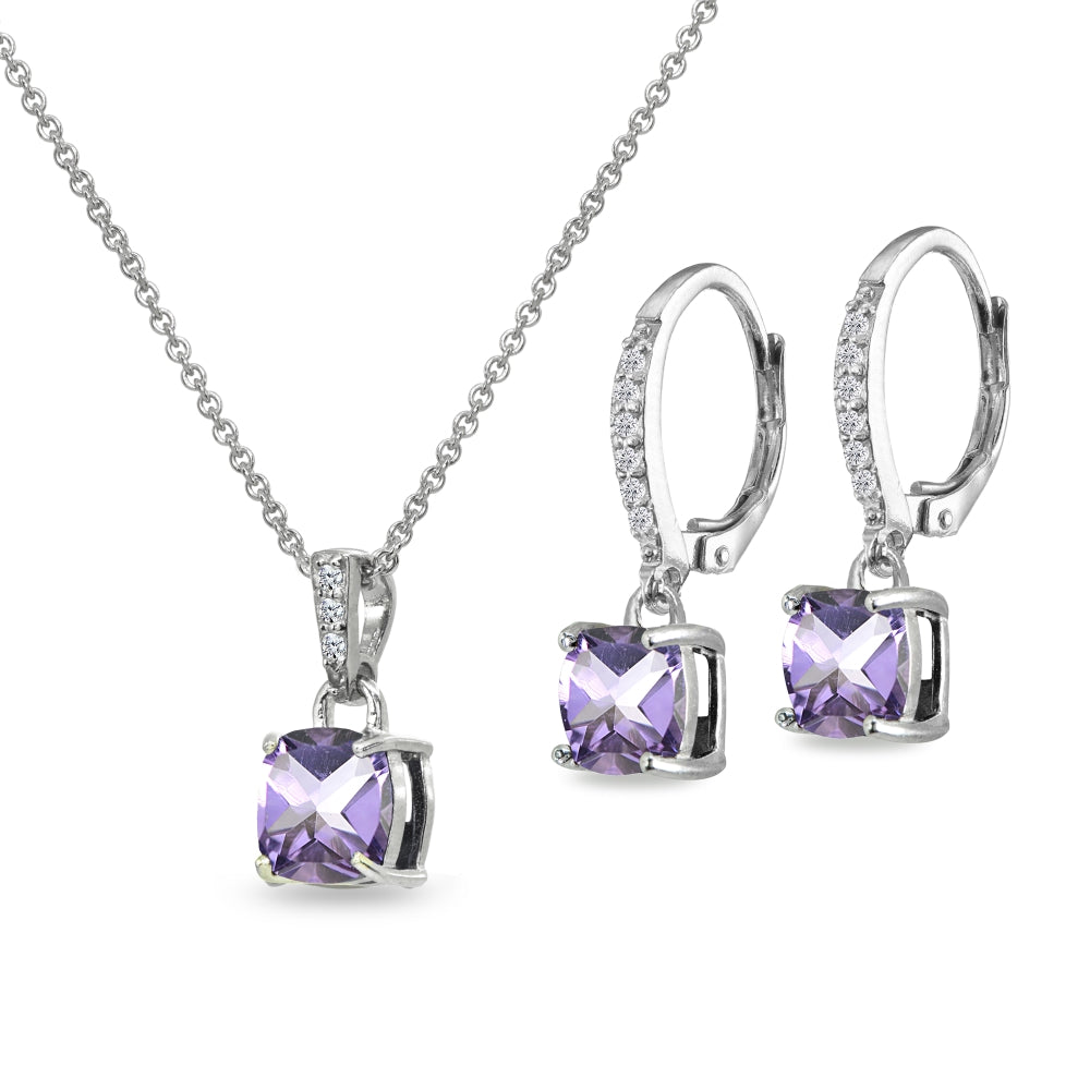 Sterling Silver Amethyst Cushion-Cut Solitaire Dangle Leverback Earrings & Pendant Necklace Set-2