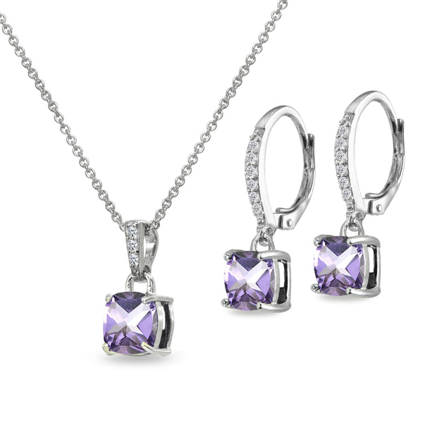 Sterling Silver Amethyst Cushion-Cut Solitaire Dangle Leverback Earrings & Pendant Necklace Set