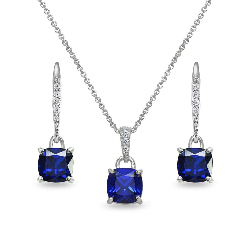 Sterling Silver Created Blue Sapphire Cushion-Cut Solitaire Dangle Leverback Earrings & Pendant Necklace Set