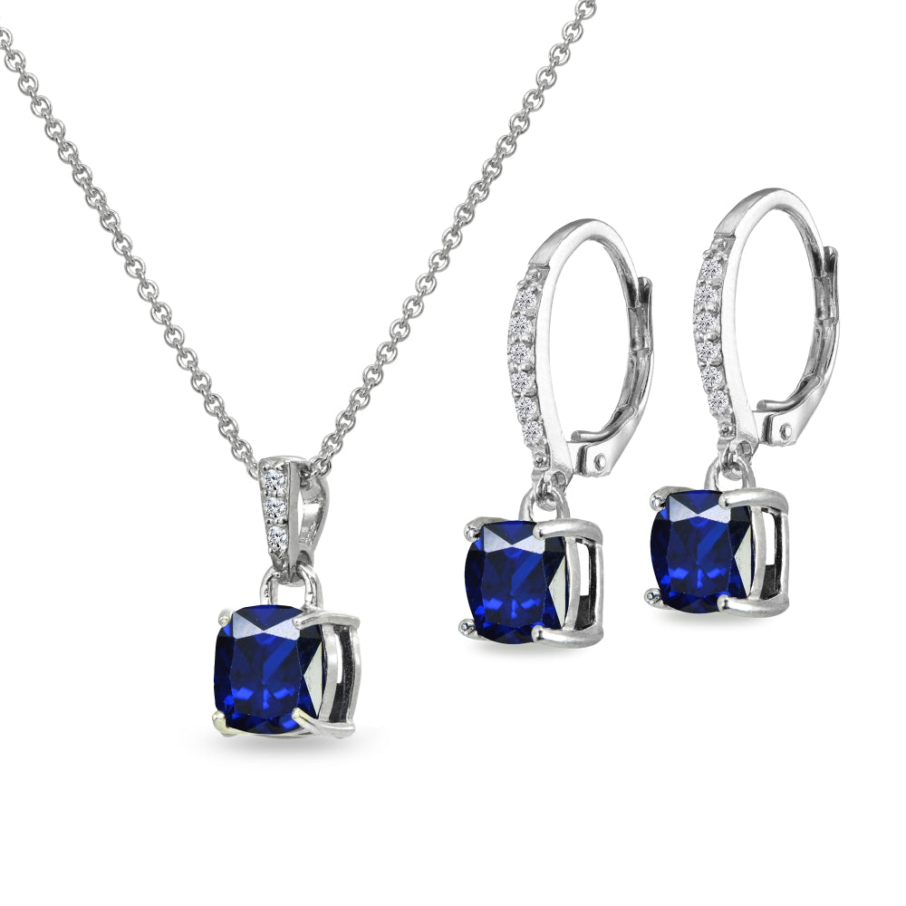 Sterling Silver Created Blue Sapphire Cushion-Cut Solitaire Dangle Leverback Earrings & Pendant Necklace Set-2