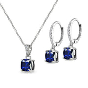 Sterling Silver Created Blue Sapphire Cushion-Cut Solitaire Dangle Leverback Earrings & Pendant Necklace Set