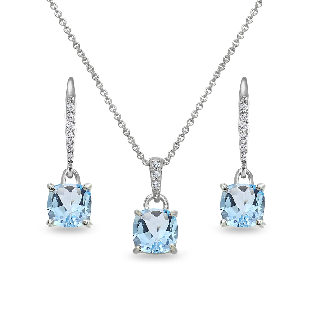 Sterling Silver Blue Topaz Cushion-Cut Solitaire Dangle Leverback Earrings & Pendant Necklace Set