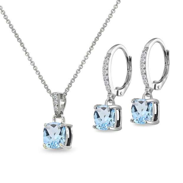 Sterling Silver Blue Topaz Cushion-Cut Solitaire Dangle Leverback Earrings & Pendant Necklace Set