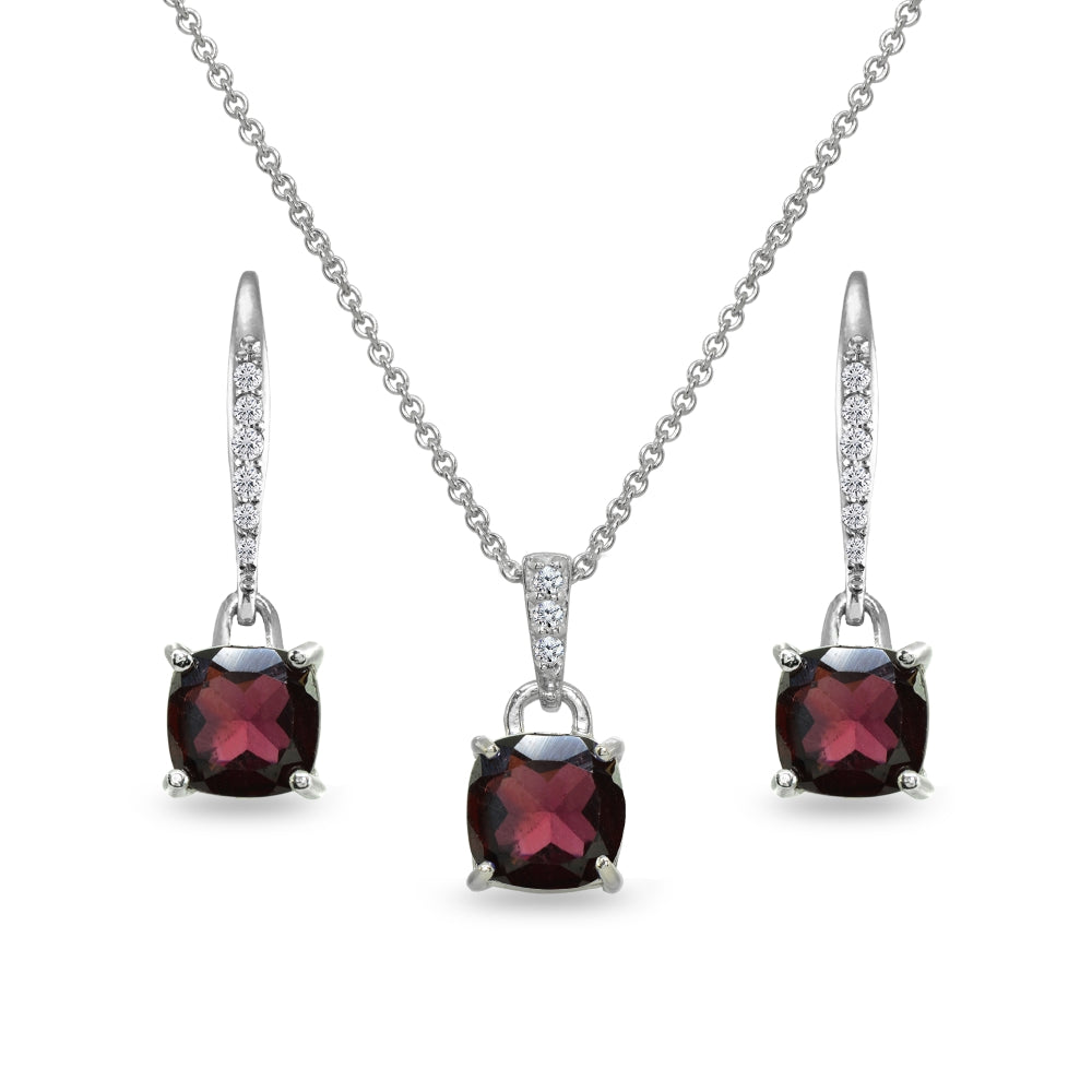 Sterling Silver Garnet Cushion-Cut Solitaire Dangle Leverback Earrings & Pendant Necklace Set