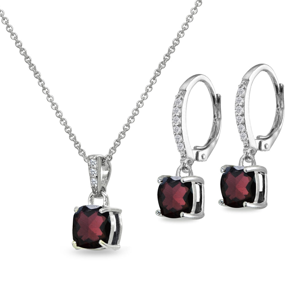 Sterling Silver Garnet Cushion-Cut Solitaire Dangle Leverback Earrings & Pendant Necklace Set-2