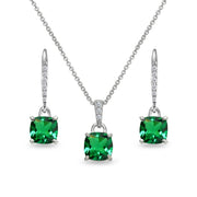 Sterling Silver Simulated Emerald Cushion-Cut Solitaire Dangle Leverback Earrings & Pendant Necklace Set