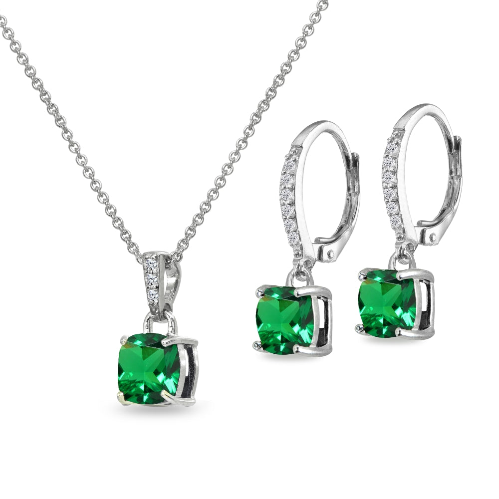 Sterling Silver Simulated Emerald Cushion-Cut Solitaire Dangle Leverback Earrings & Pendant Necklace Set-2