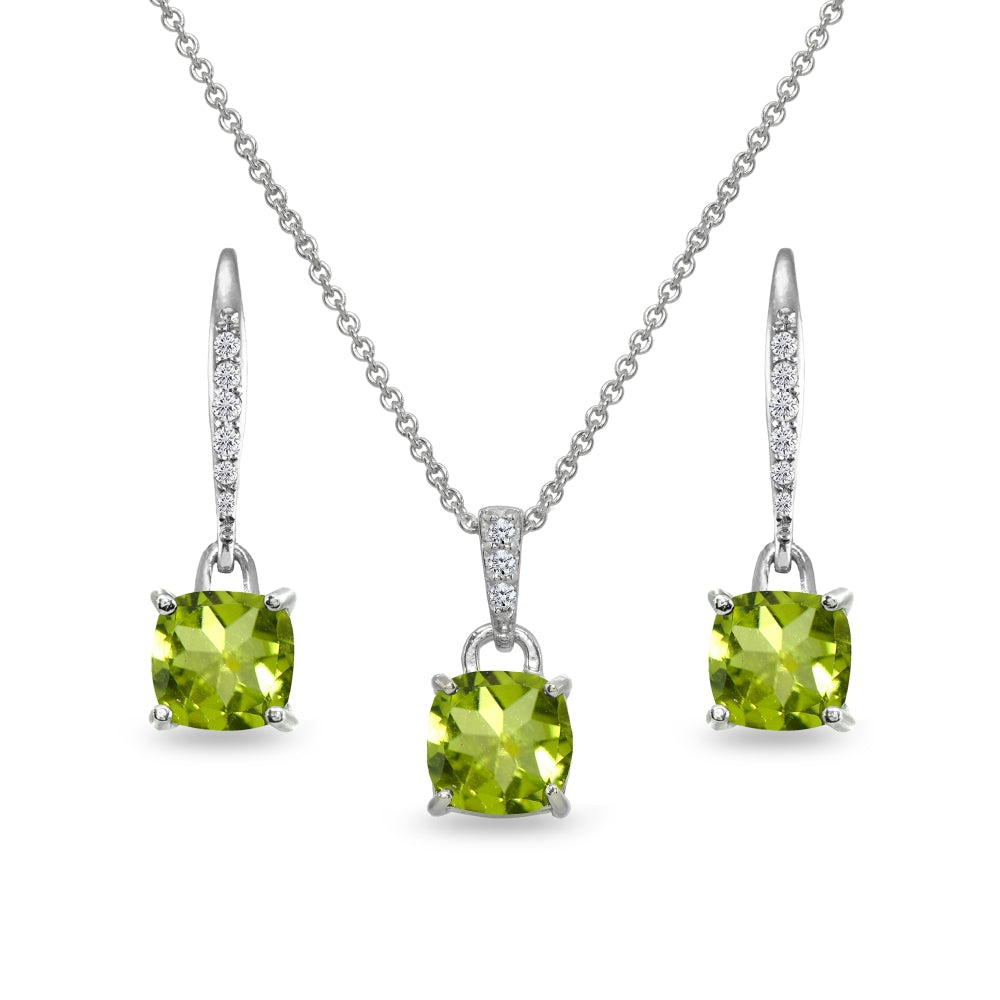 Sterling Silver Peridot Cushion-Cut Solitaire Dangle Leverback Earrings & Pendant Necklace Set