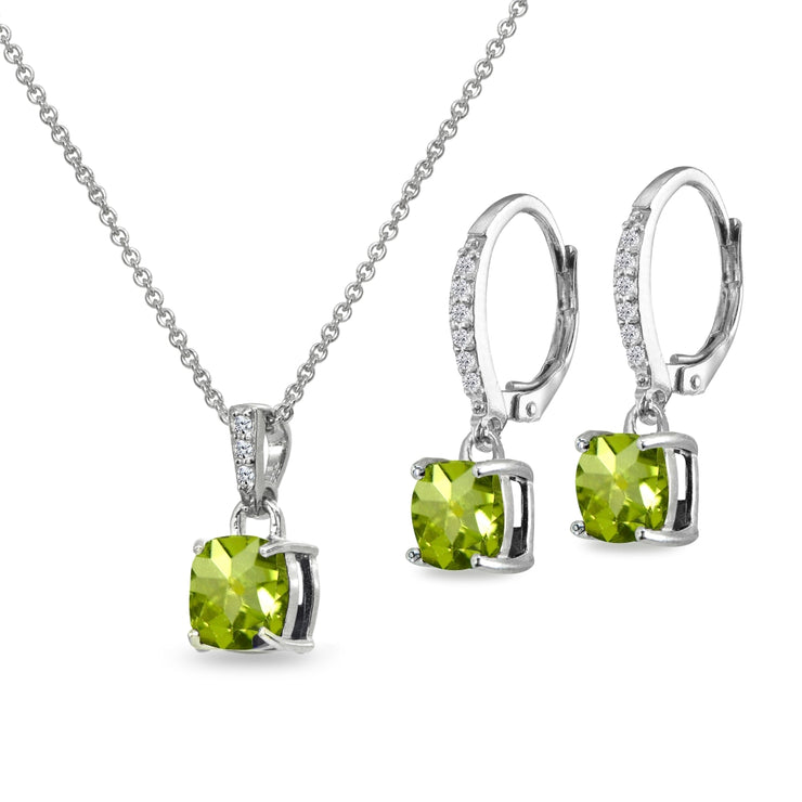 Sterling Silver Peridot Cushion-Cut Solitaire Dangle Leverback Earrings & Pendant Necklace Set