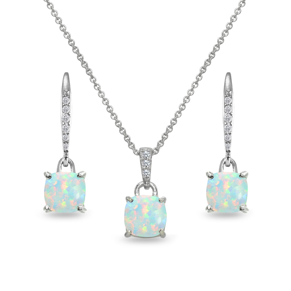 Sterling Silver Created White Opal Cushion-Cut Solitaire Dangle Leverback Earrings & Pendant Necklace Set