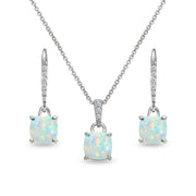 Sterling Silver Created White Opal Cushion-Cut Solitaire Dangle Leverback Earrings & Pendant Necklace Set