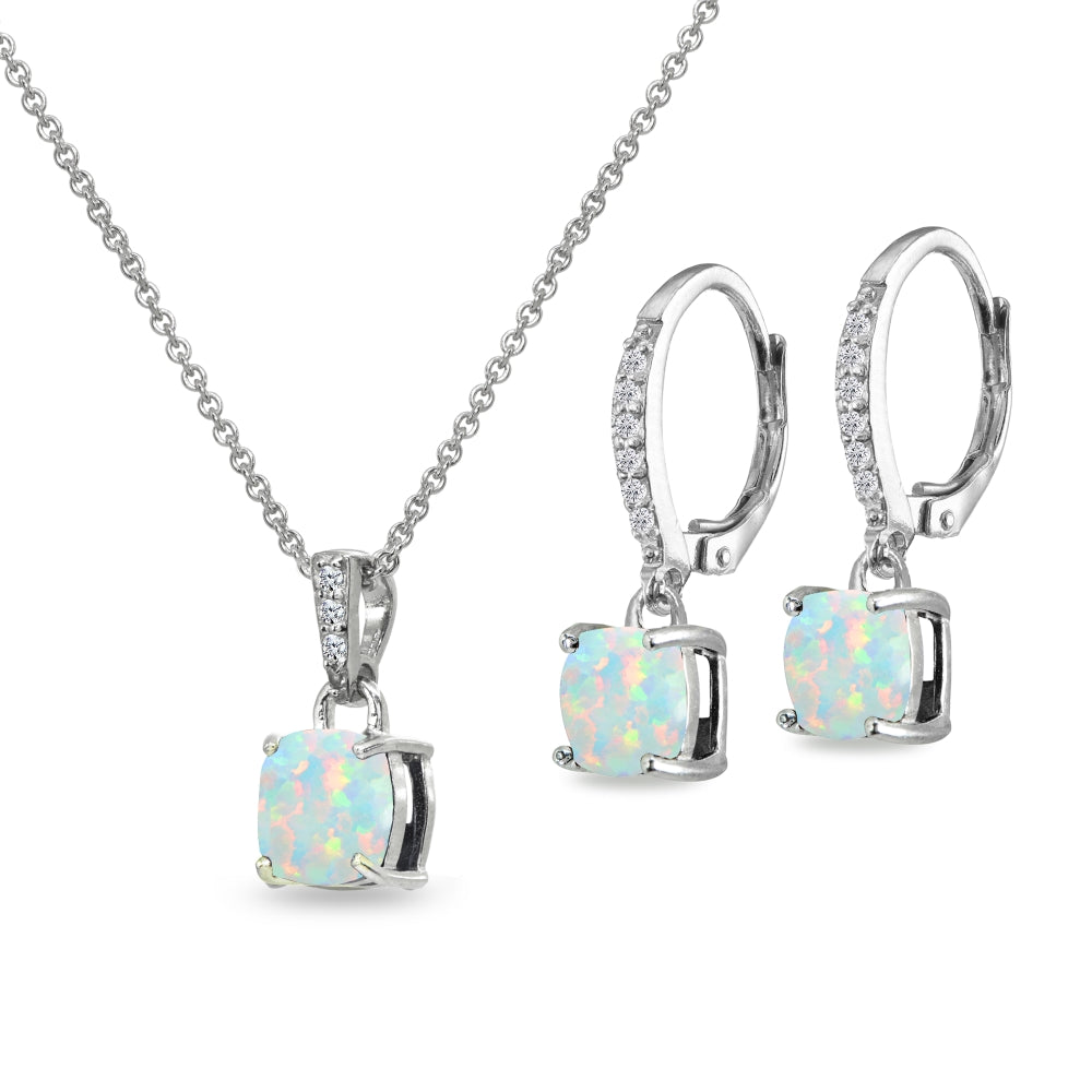 Sterling Silver Created White Opal Cushion-Cut Solitaire Dangle Leverback Earrings & Pendant Necklace Set-2