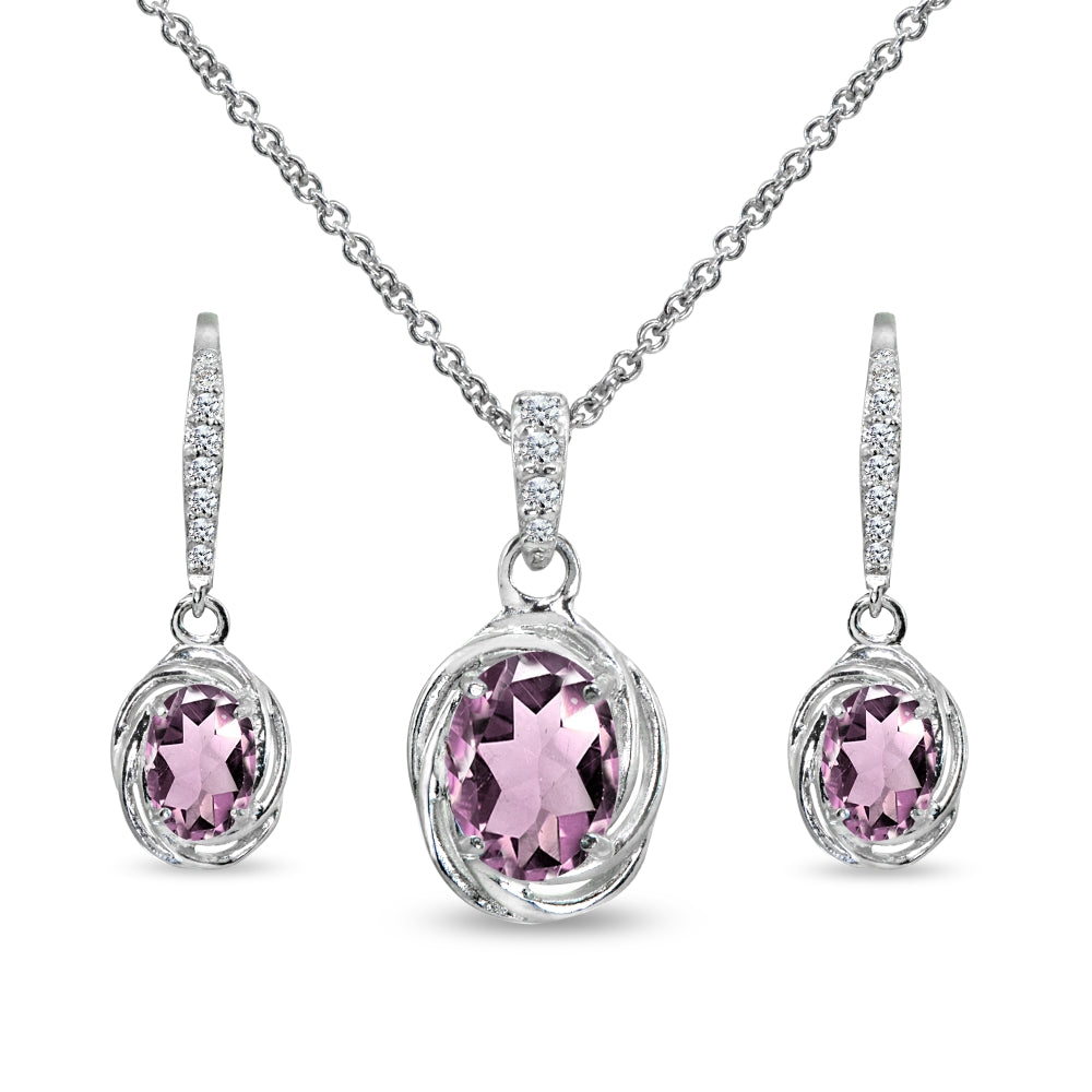 Sterling Silver Created Alexandrite & Cubic Zirconia Oval Love Knot Leverback Earrings & Pendant Necklace Set